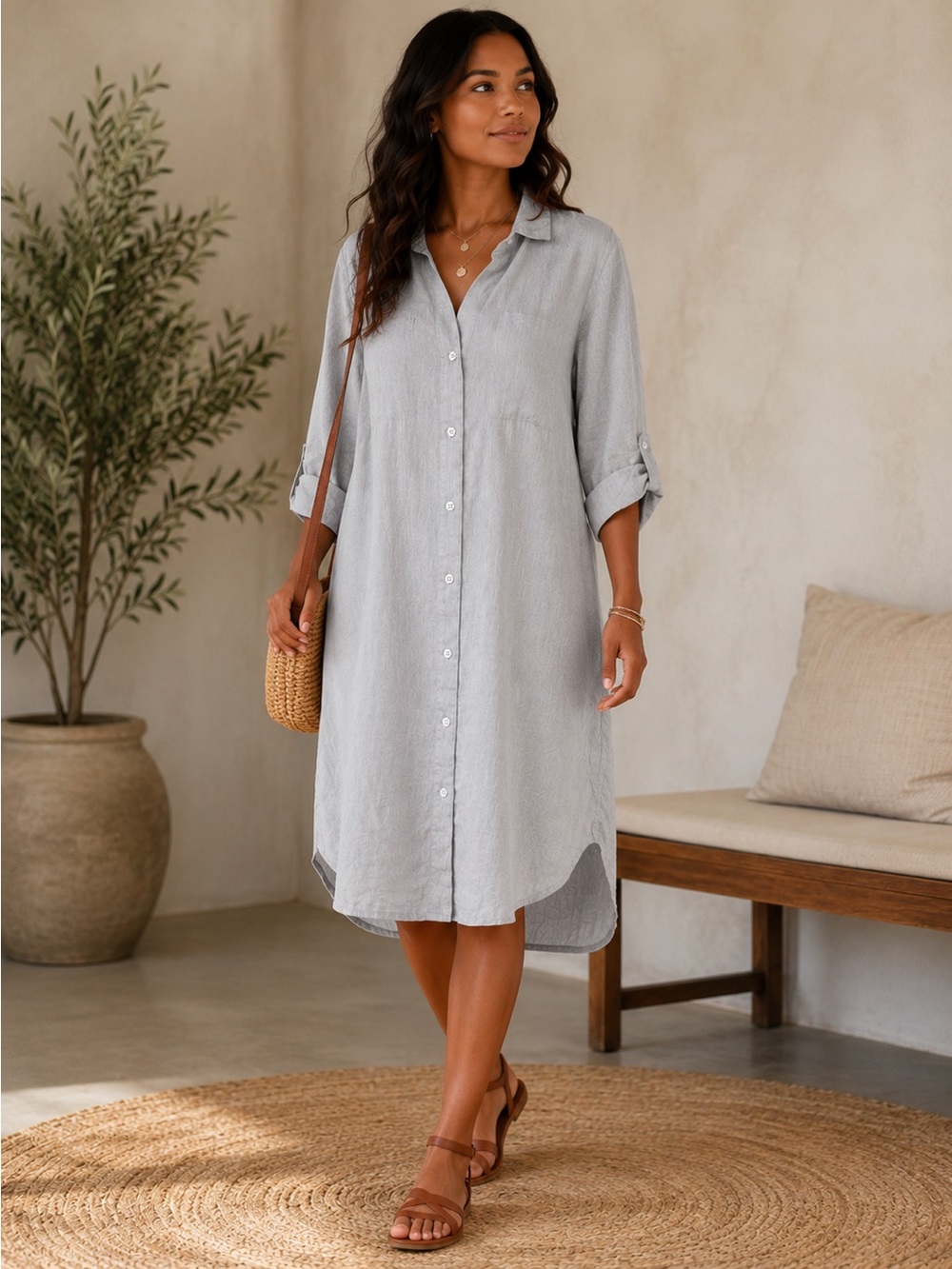 100% Linen Shirt Dress Large Gray Button Front Roll Tab Coastal Resort Dolma
